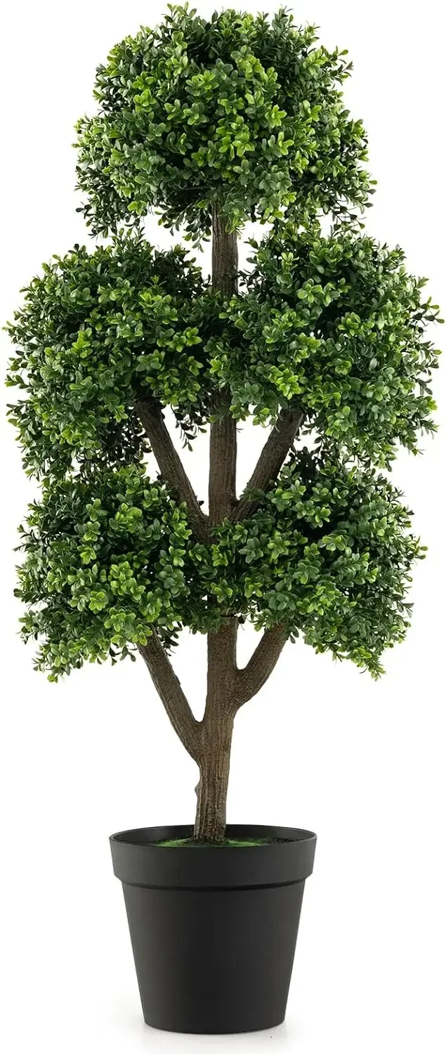 Artificial Boxwood Topiary Tree, 45” Tall Faux Potted Plants with 5 Ball-Shaped Topiaries, Cement Flowerpot, Fake Evergreen