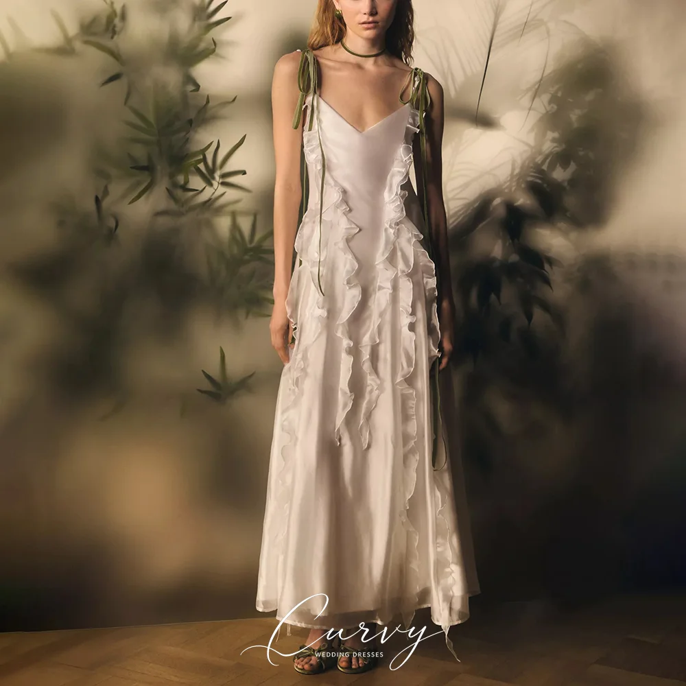 Curvy French Countryside Style Customized Satin Slip Ruffled A-Line Wedding Dress for WomenBridal Party 2026