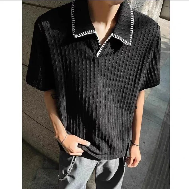 Men's Hand Stitched Ribbed Knit Polo Shirt Striped Short Sleeve Casual Top