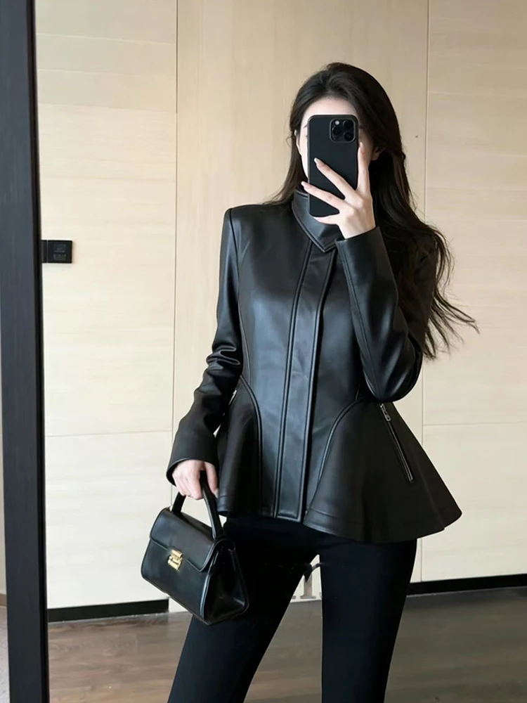 Lautaro Spring Autumn Cool Black Retro Soft Pu Leather Jackets for Women Zipper Stand Collar Elegant Luxury Designer Clothes