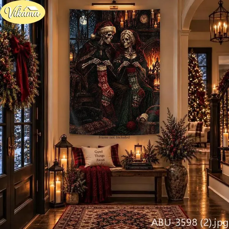 VIKAMA Dark Skeletal Bellhop Grand Clock Tower Wall Tapestry Noir Victorian Hotel Luggage Festive Room Home Decor Retro Style