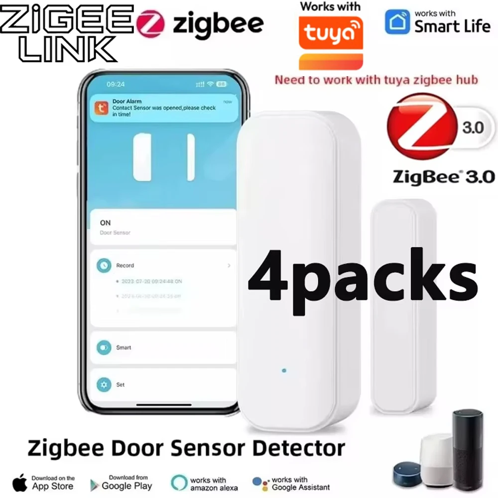 

Комплект из 4 датчиков для дверей и окон Tuya ZigBee: Умная система безопасности для дома, контактный детектор, сигнализация открытия/закрытия, голосовое управление Google