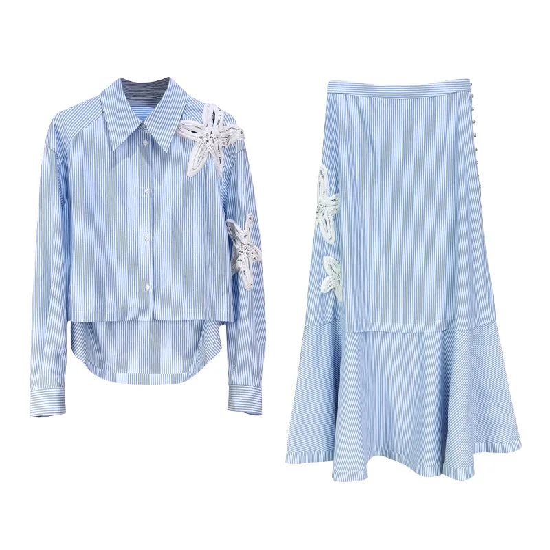 

Button Up Shirt Blue and White Stripes Suit Heavy Industry Flower Embroidery Hollow Lapel Loose Shirt Skirt Design Sense Summer