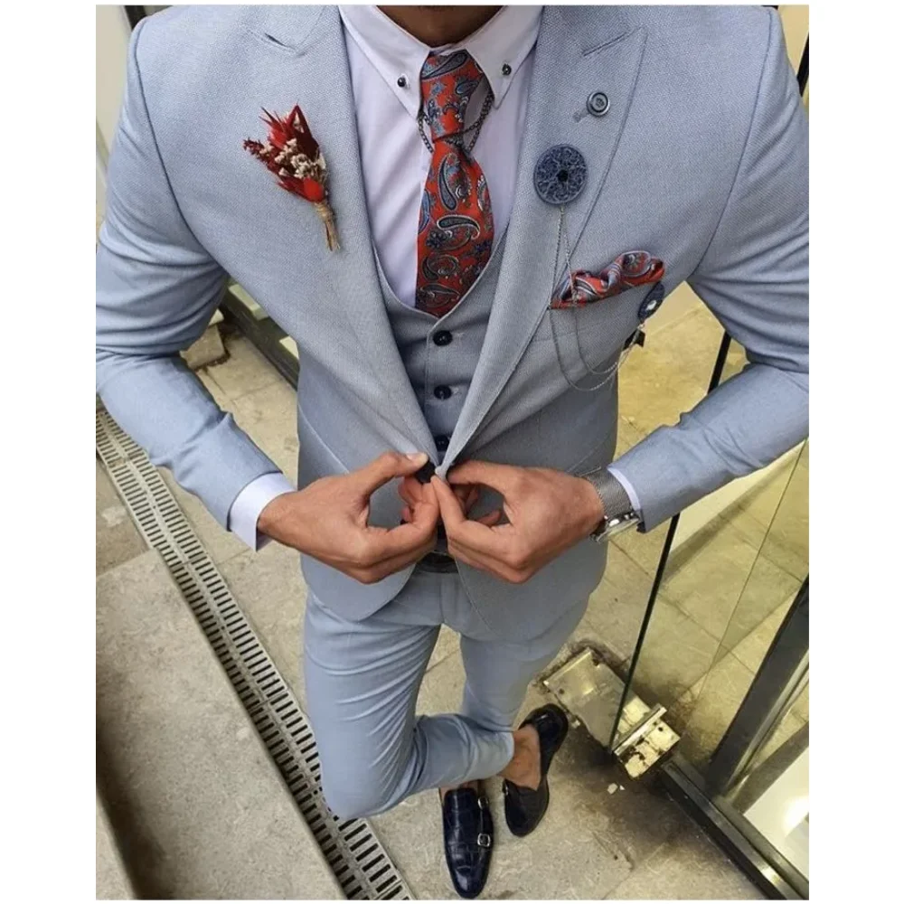 Grey Beige 3pcs Men Suit Tailor Made Terno Wedding Suit Slim Fit Groom Tuxedo Tailored Business Formal Suit (Jacket+Pants+Vest)