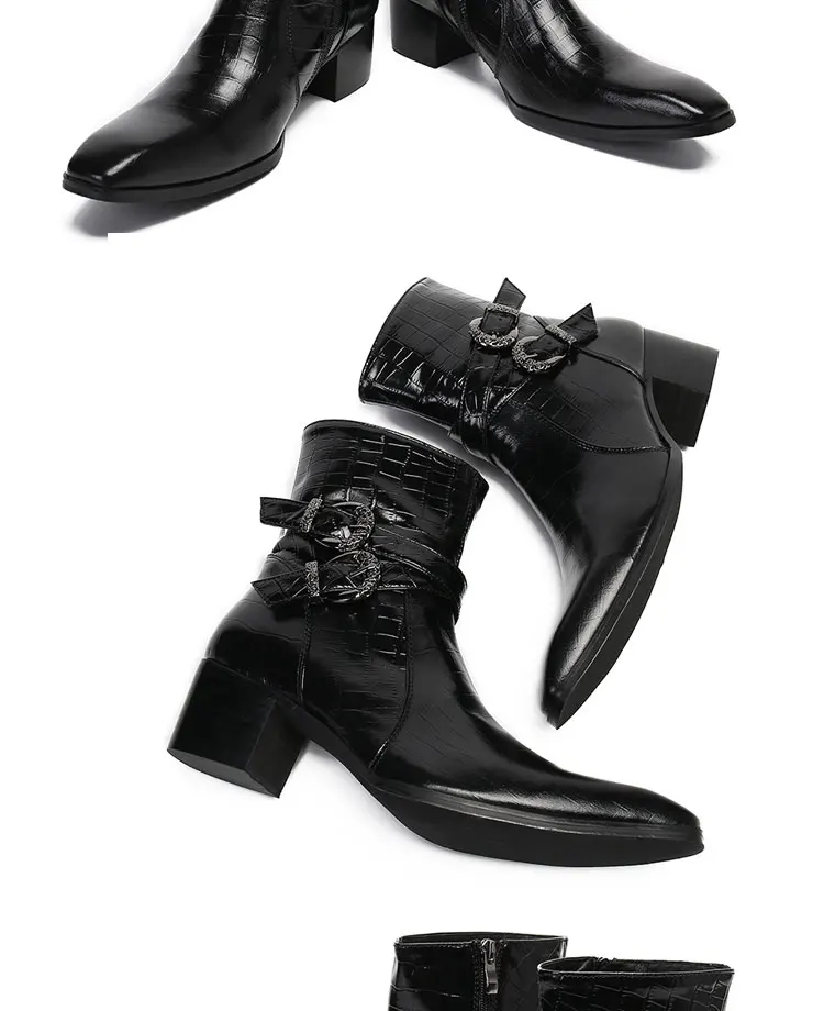 Frühlingsswarze kurze Stiefel mit Krokodilmuster, modische Stiefel, quadratischer Kopf, Lackleder, nackte Chelsea-Kurzstiefel für Herren – Detail 14
