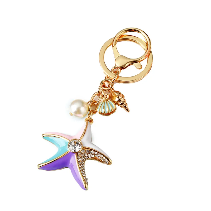 Rhinestone Crystal Metal Keychain Lovely Cartoon Marine Animal Starfish Keyring Girl HandBag Car Pendant Key Chain