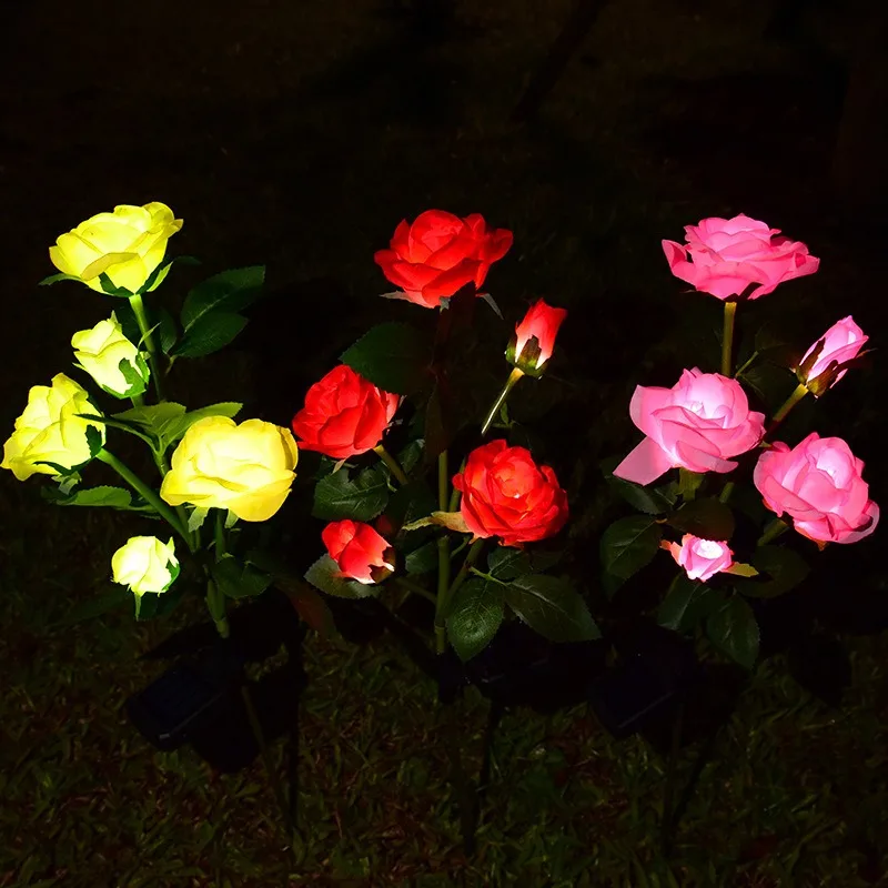 Outdoor Garden Light Solar 3-Head Simulated Rose Lawn Light Suitable For Yard Patio Pathway Lawn Fence Wedding Decoration