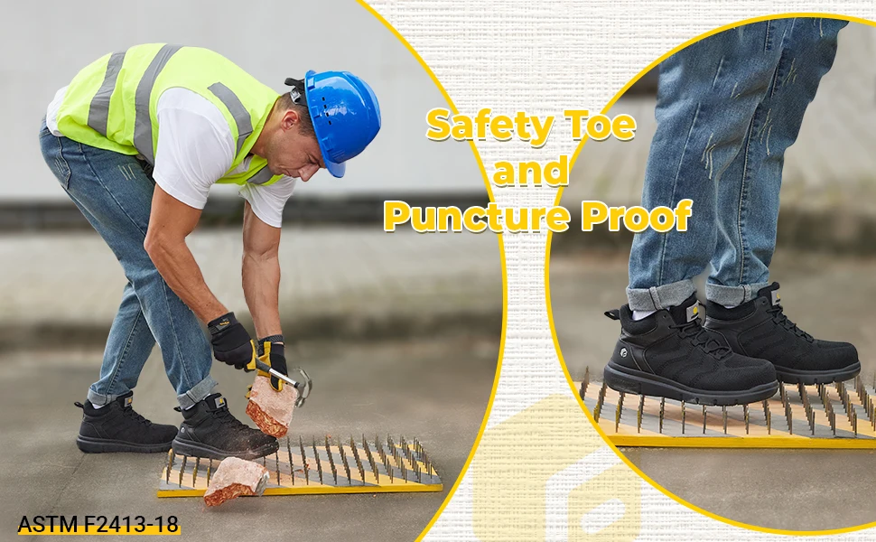 FitVille Wide Work Boots for Men Composite Indestructible Steel Toe Protect Safety Boots Anti-slip High Top Work Shoes for Men