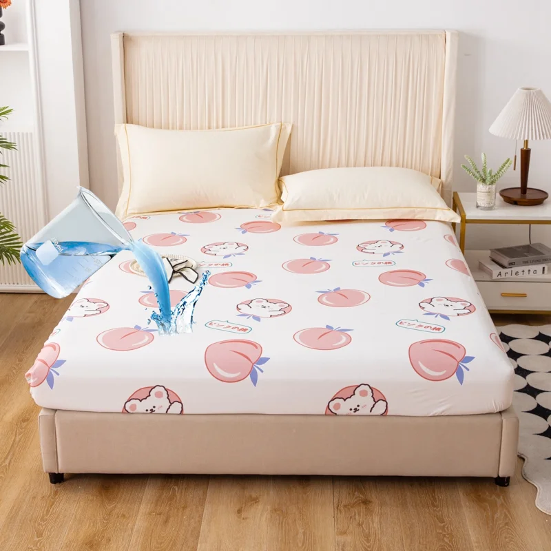 Cartoon Pink Peach Waterproof Fitted Sheet Kid Kawaii Bedding Girl Lovely Bear Bed Sheets Cute Fruits Mattress Cover Room Decor