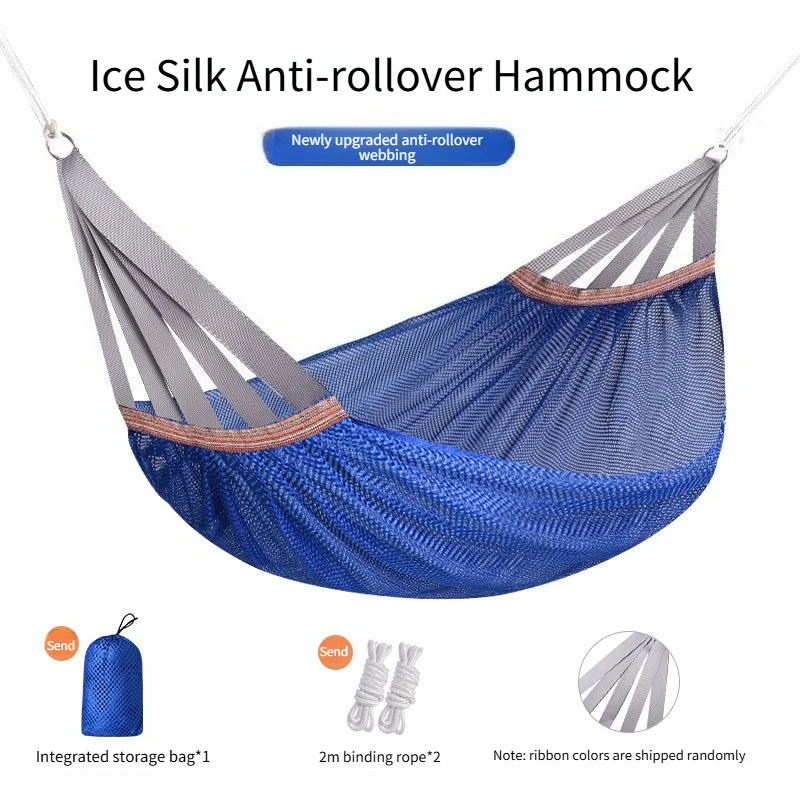 Portable Anti-Roll Double Hammock Ice Silk Mesh Breathable Camping Swing Chair Outdoor Garden Yard Hammock with Storage Bag