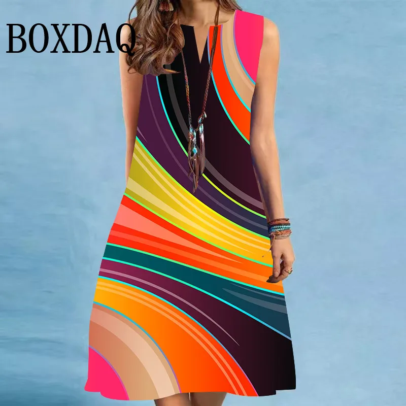 Vintage Print Midi Dress For Women Summer Loose Sleeveless Dresses Elegant Lady V-Neck Gradient Striped A-Line Beach Sundress