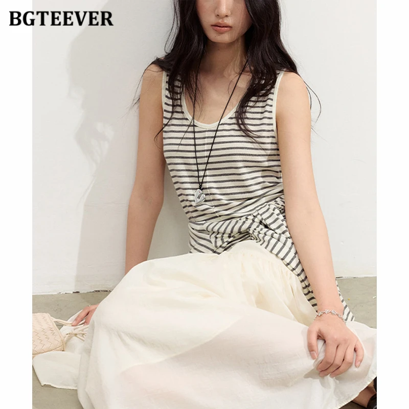 BGTEEVER Silk Camis for Women 2026 Spring Summer Round Neck Acetate Linen Striped Tops