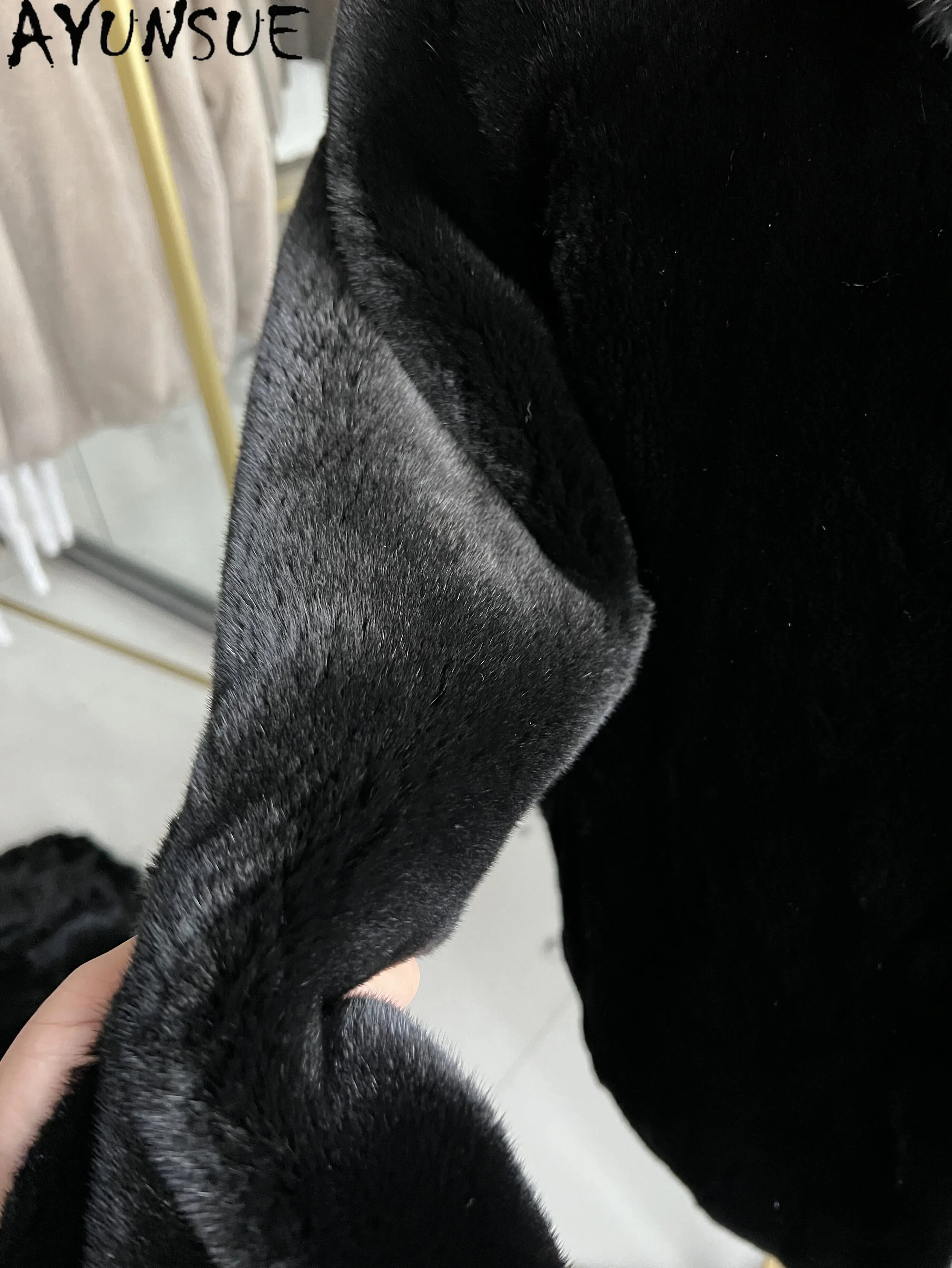 AYUSNUE Top Quality Natural Mink Real Fur Coat Men Winter Clothes Mid-length New in Coats Male 2026 Black Hooded Бомбер Мужской
