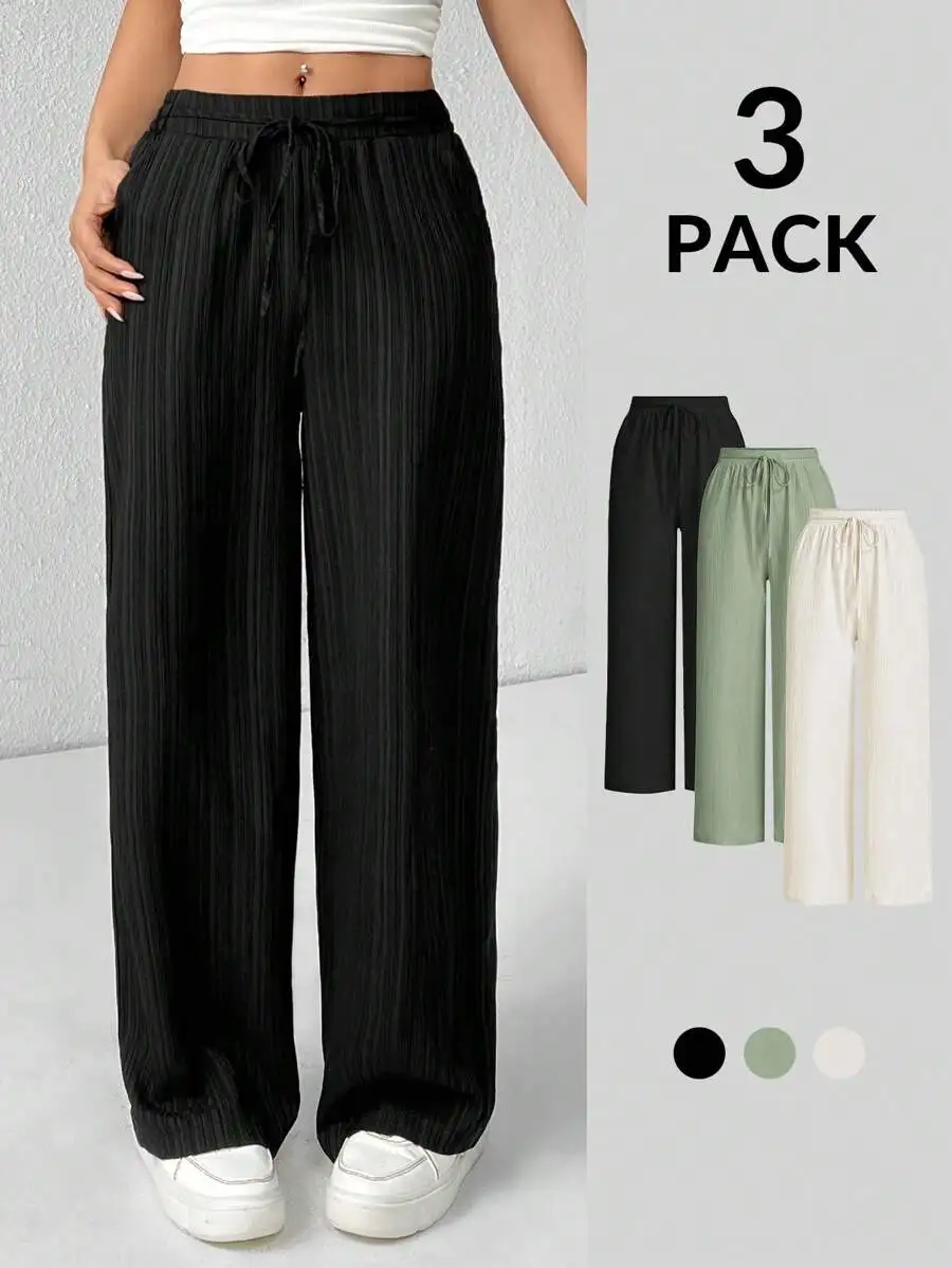 

Womens Textured Wide Leg Trousers 3 Pack Black White Green