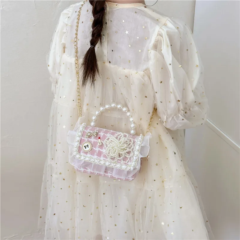 New handbags mini purse Lattice girls bag wool bags for children\'s pink girls purses and Pearl Handheld shoulder bag