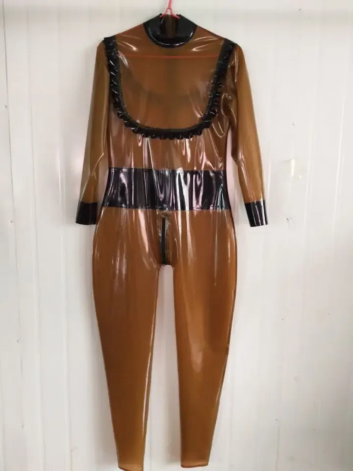 

New Latex 100% Rubber Catsuit Brown Bodysuit Black Lace Trim Size XS-XXL 0.4mm