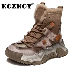 Koznoy Women Boots 5cm Ankle 2024 Leather Genuine Platform Autumn Winter Mid Calf Mixed Color Ethnic Chunky Heels Fashion Shoes