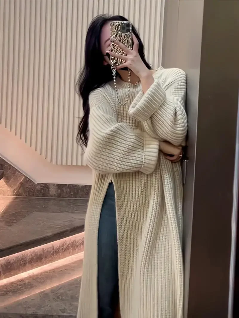 Gagarich Korean Lazy Style Knitted Dress Women Autumn Winter Loose Slimming New Style Split Bottom Woolen Long Sweater Top