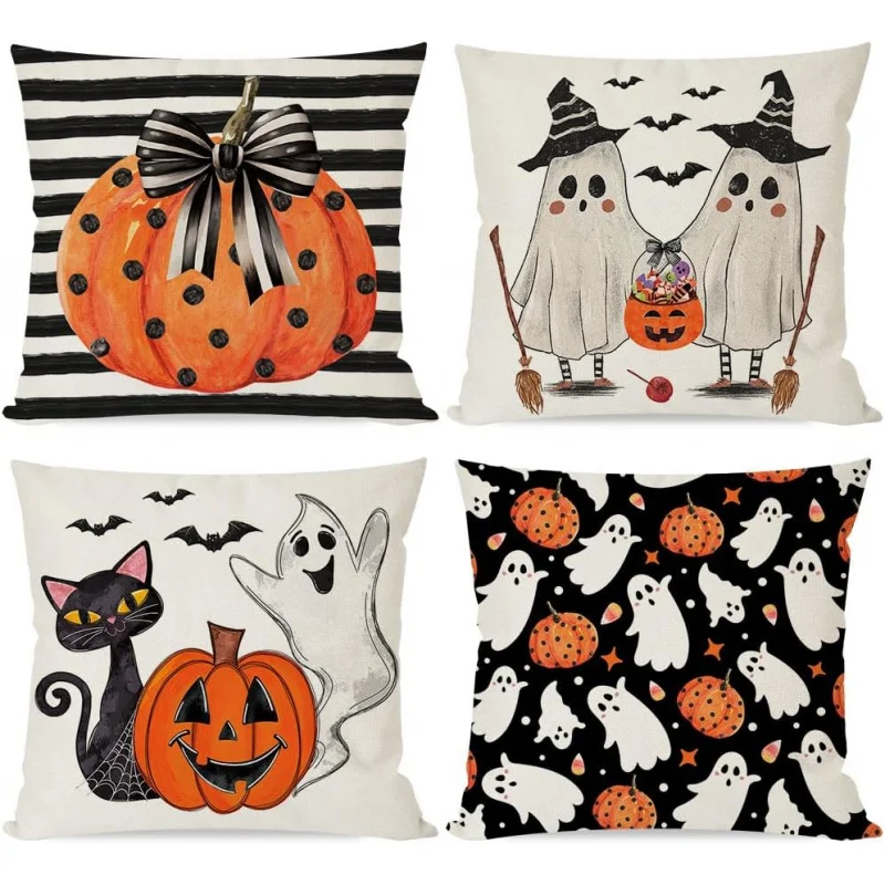 

Halloween pillowcase 18x18 set with 4 ghost polka dots, pumpkin, black cat, bat stripes, bow tie, pillowcase