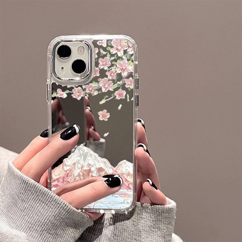 Pink Snow Mountain Cherry Blossom Shockproof Phone Case For iPhone 15 Pro Max 14 Plus 13 12 11 XR X XS 8 7 Cover