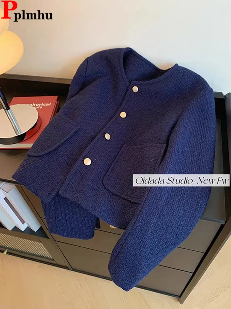 Giacche corte slim in misto lana blu scuro Casual Classic Abrigos elegante monopetto Chaquetas cappotti top donna coreana Jaqueta