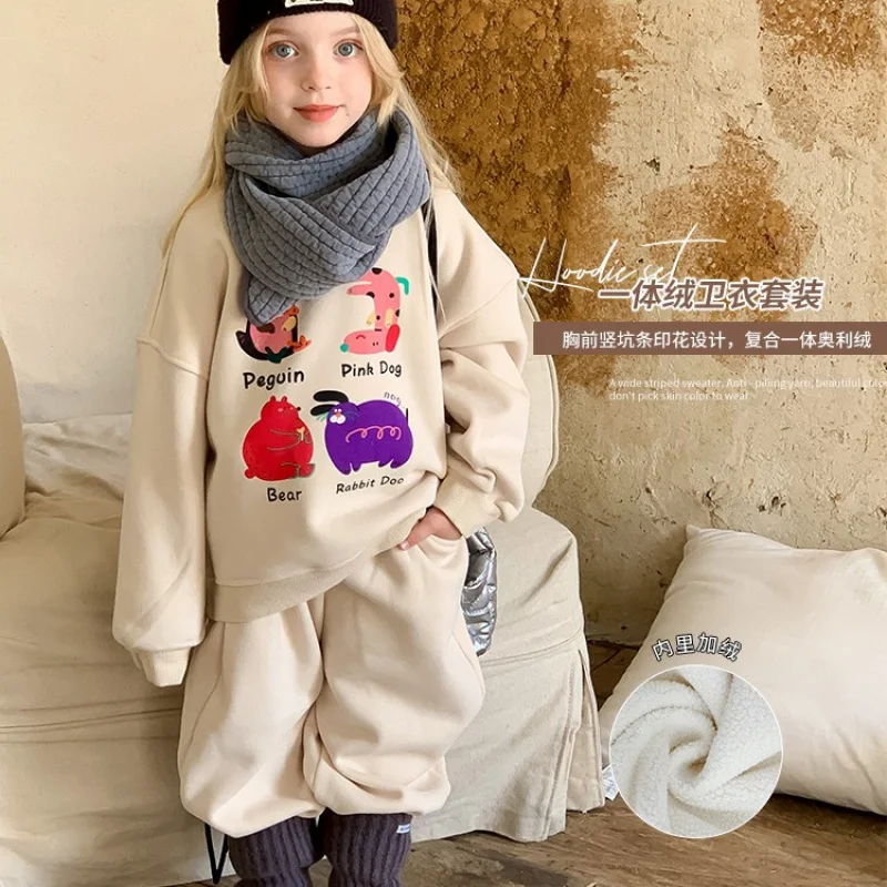 

Girls' Autumn and Winter Cartoon Print Fleece Thickened Casual Sports Set New Korean Style Baby Two-Piece Set