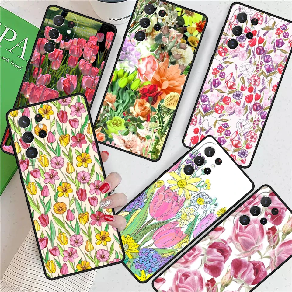 Floral Chic Roses Tulips Garden For Samsung Galaxy S24 Ultra S21 S22 S8 S9 S10E Note 10 20 Plus FE S23 Phone case Cover Coque