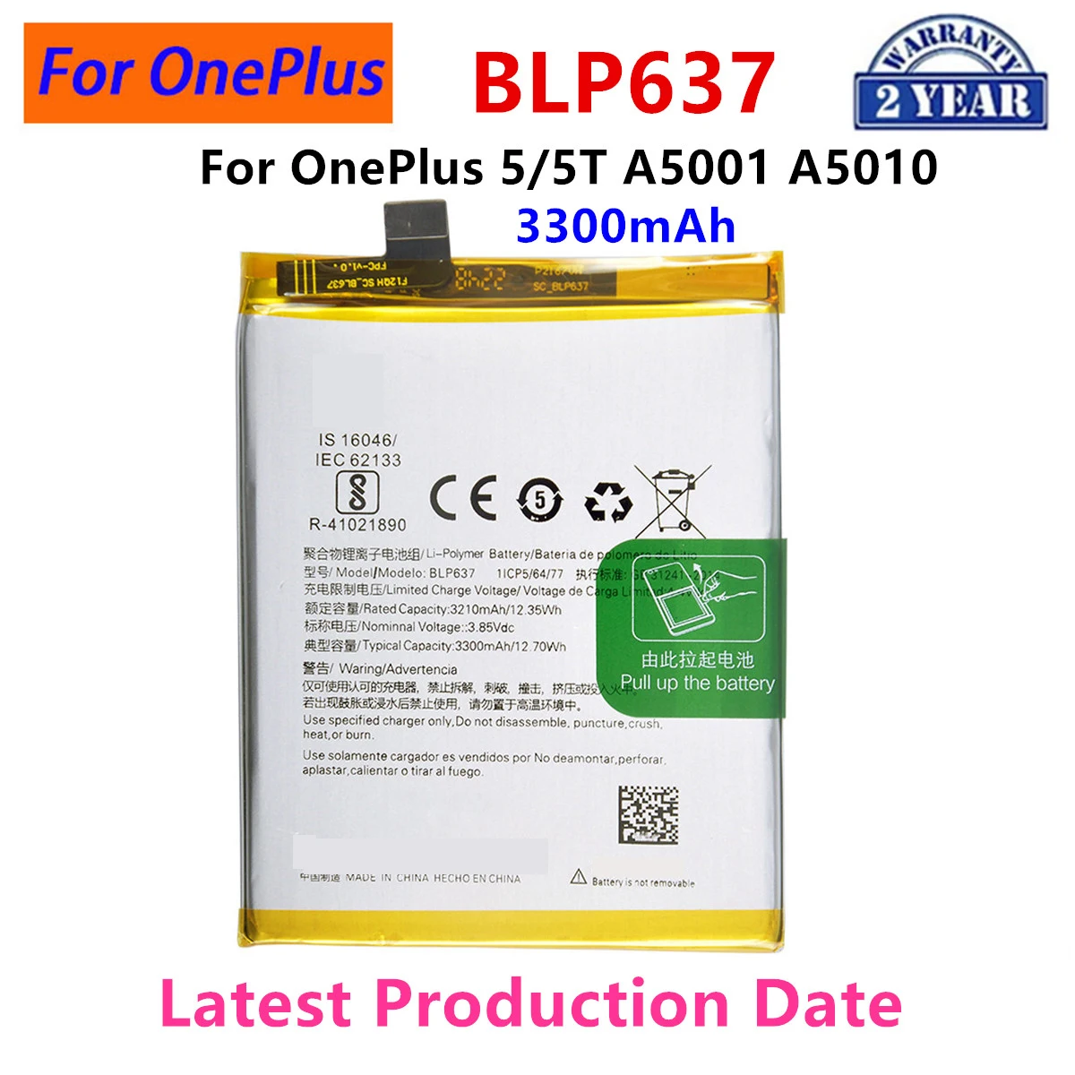 100% Orginal BLP637 3300mAh Replacement Battery For OnePlus 5/5T A5001 A5010 Genuine Latest Production Phone Batteries