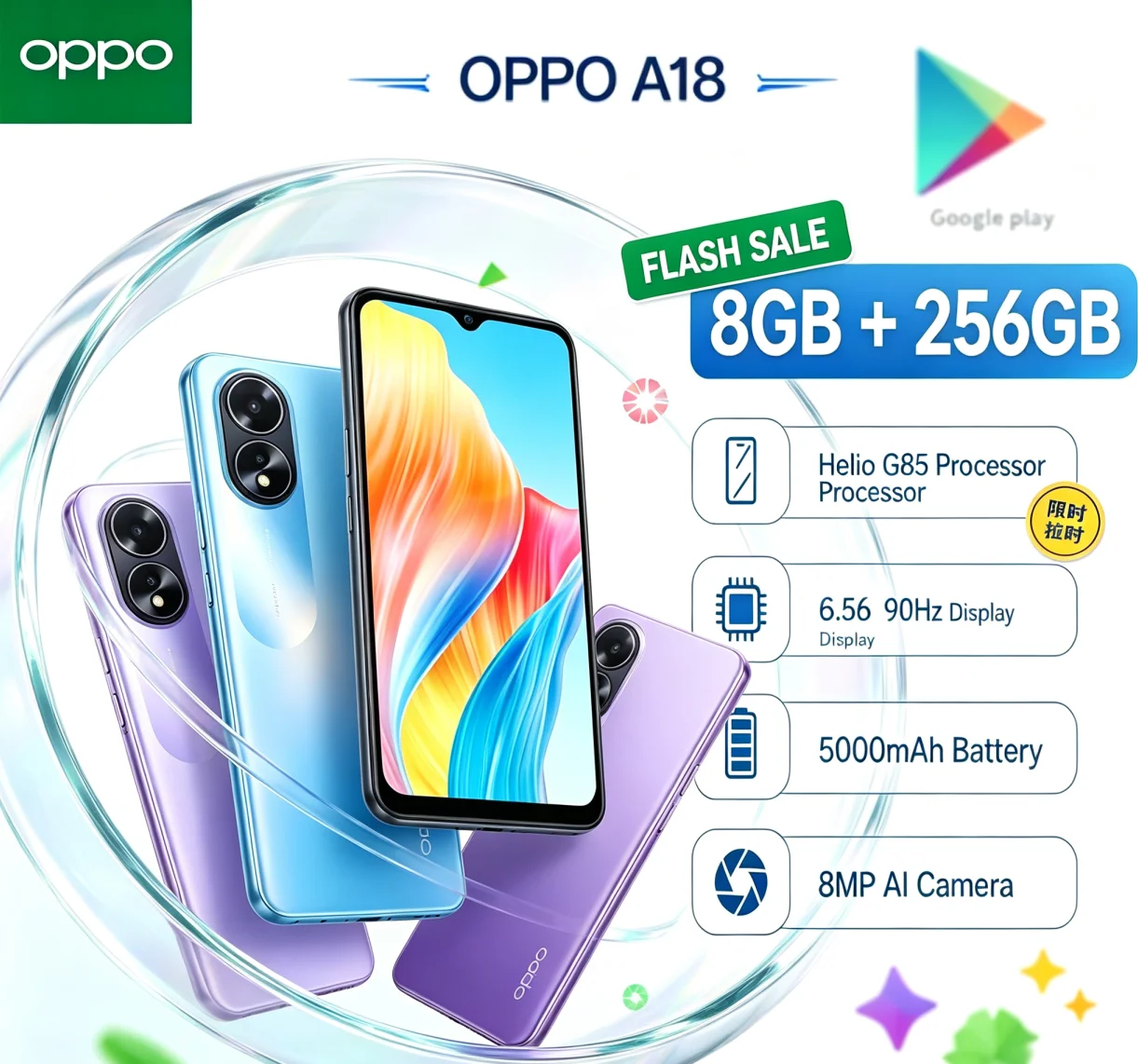 Premium Budget 2026 OPPO A18 Unlocked Dual‑SIM Mobile Handset 8GB+256GB Storage 6.5'' HD+ Screen MediaTek Helio P35 Smooth
