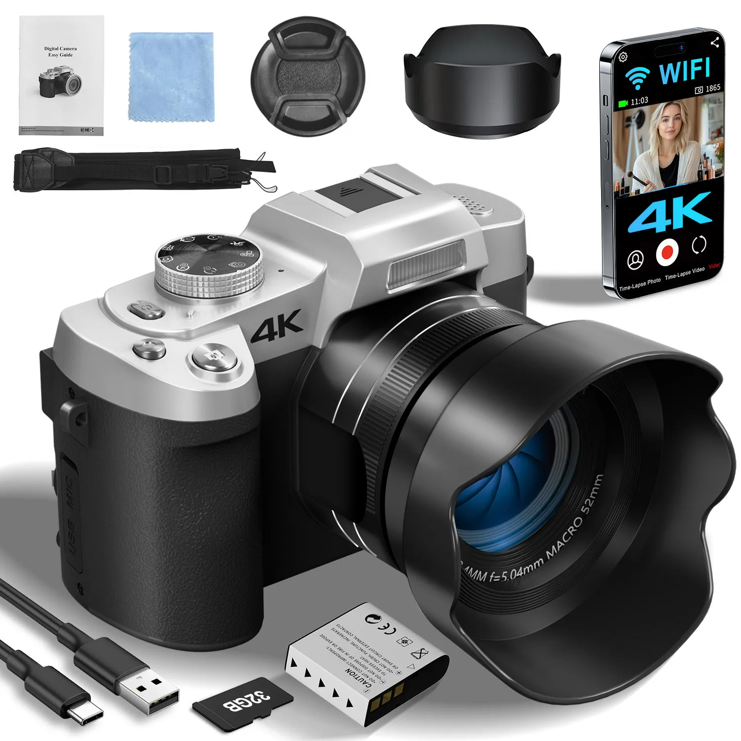 Fotoğrafçılık ve Video için 4K Dijital Kamera, 18X Dijital Zoom, 3 inç Flip Dokunmatik Ekranlı 75MP Vlog Kamerası, Yetişkin Yeni Başlayanlar