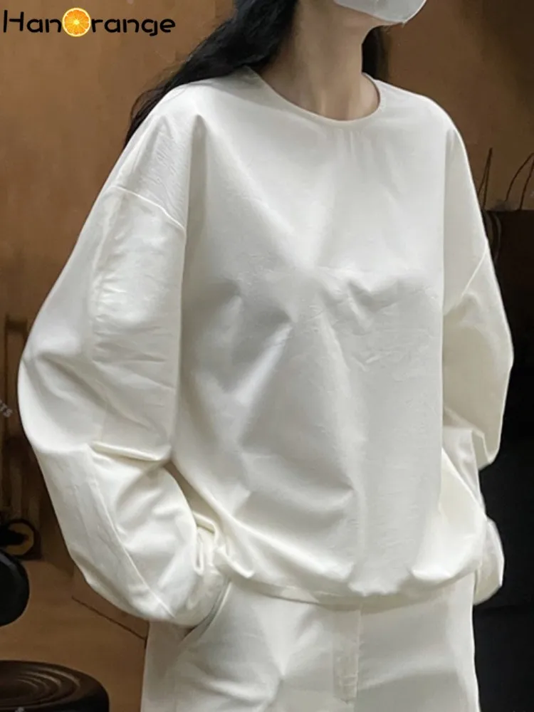 HanOrange 2024 Early Spring Autumn Minimalist Texture O-neck Shirt Women Loose Pullover Top White Blouse