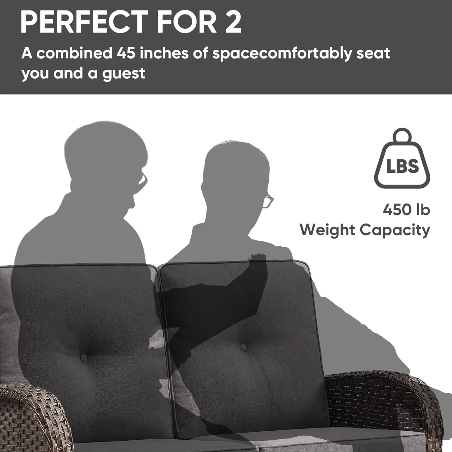 Sofá loveseat ao ar livre Sofá de vime PE de 2 lugares com mesa de centro, mobília de pátio com encosto alto e assento profundo (cinza)