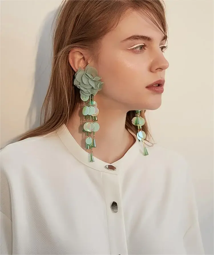 

Green Exaggerated Flower Earrings For Women Long Sequins Tassel Eardrop 2024 Vacation Style Elegant Earrings Birthday Gift