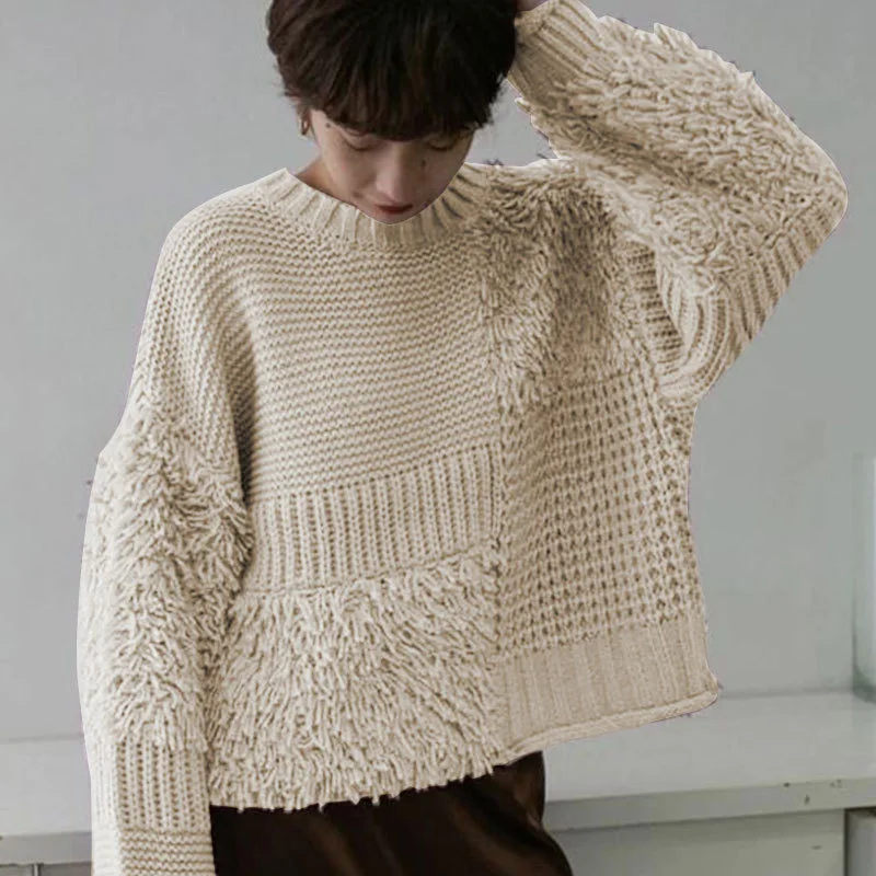 

Hollow Out Knitting Pullover Sweater For Women Round Neck Long Sleeve Tops Fashion Spring and Autumn Women's Solid Color