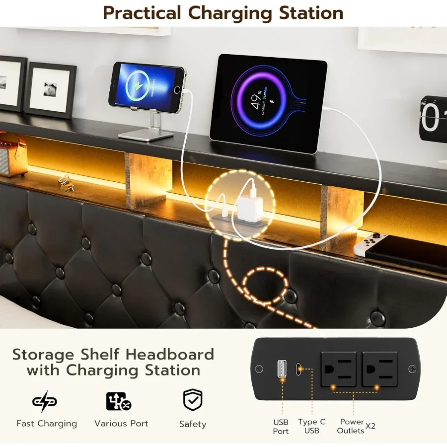 إطارات سرير كاليفورنيا كينج مع 4 أدراج تخزين مخفي اللوح الأمامي منجد كال كينج LED منصة السرير مع شحن TypeC St