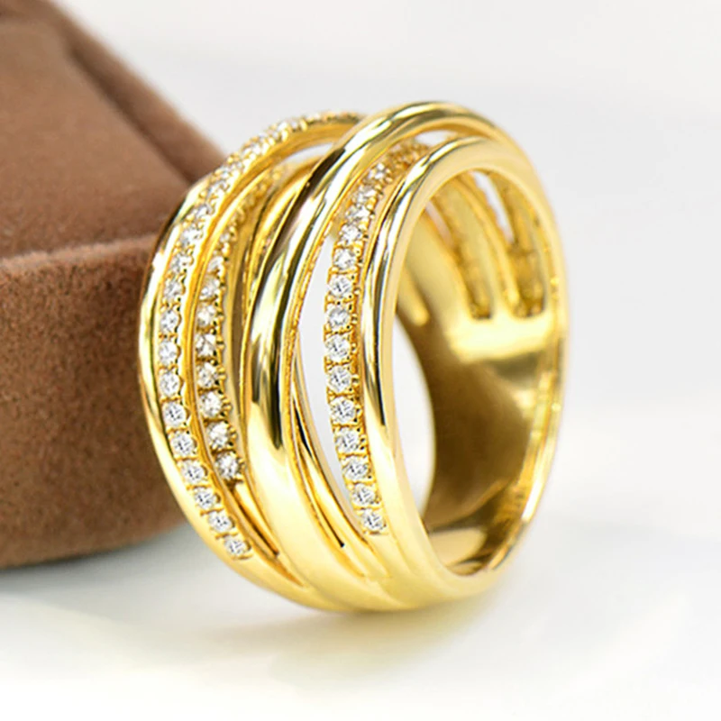 Huitan 여성용 골드 컬러 크로스 링, 화려한 웨딩 밴드 액세서리, 다층 반짝이 큐빅 패션, 파티용 주얼리