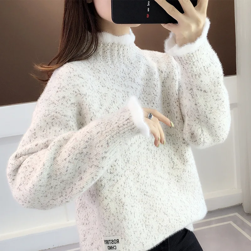 

Hot Autumn Winter New Women Clothing Sweet Korean Lazy Style Semi High Neck Sweater Versatile Loose Thick Base Knitted Sweater