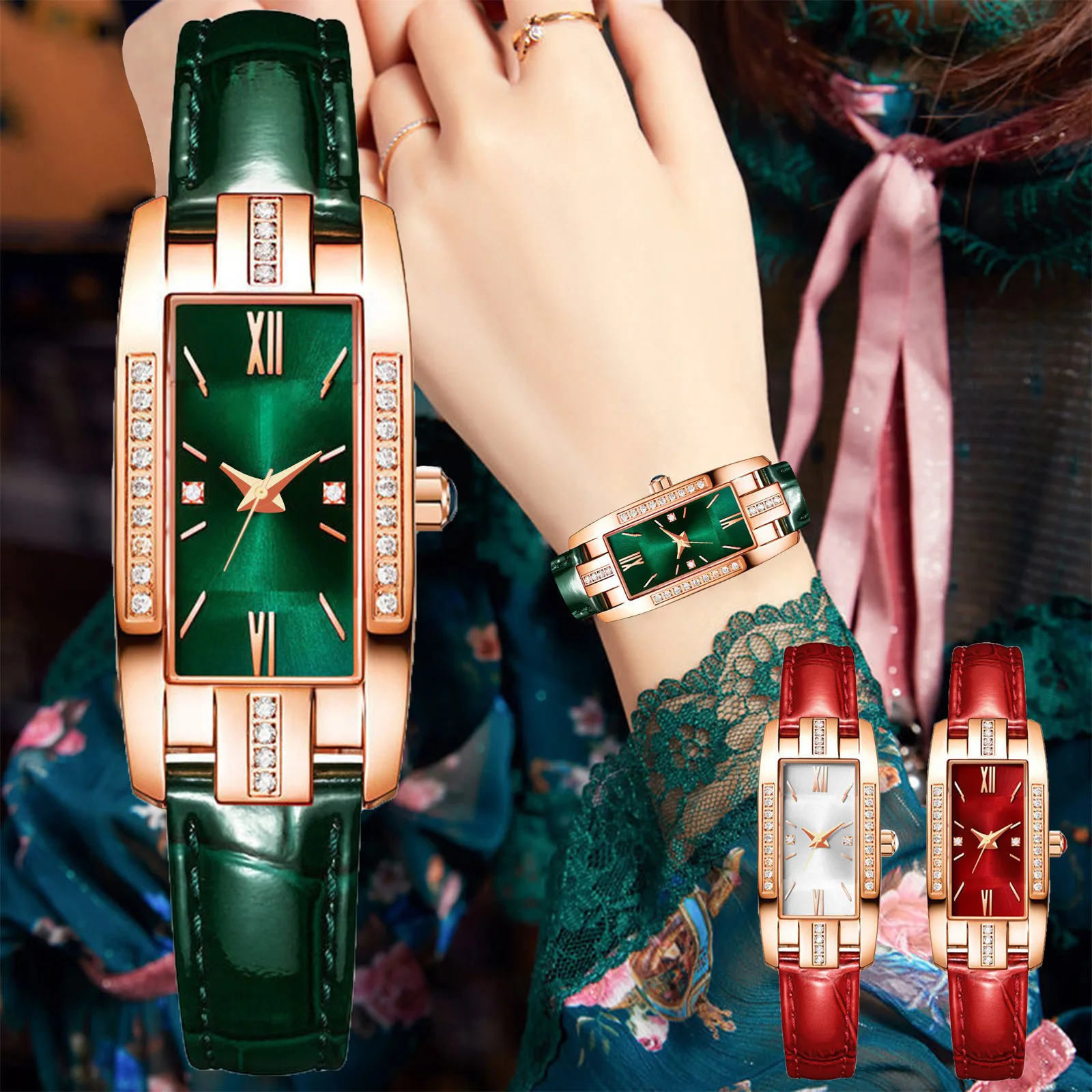 Orologio da donna al quarzo in pelle rettangolare verde da lavoro all'ingrosso bracciale con quadrante rosso orologi da donna di lusso orologio da polso da donna