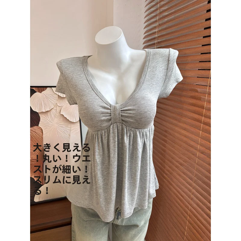 Women's Gentle Wind Doll Shirt V-Neck Gathered Loose Slimming Short Sleeve T-Shirt Inner Wear Top Versatile Polyester Fabric