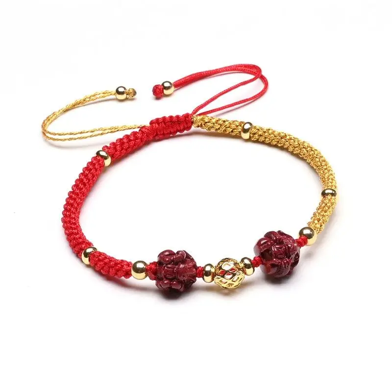 Pure Natural Cinnabar Bracelet Purple Gold Sand Three-in-one Chinese Zodiac Hand Rope Dragon Wear Men's and Women's Foot Chain