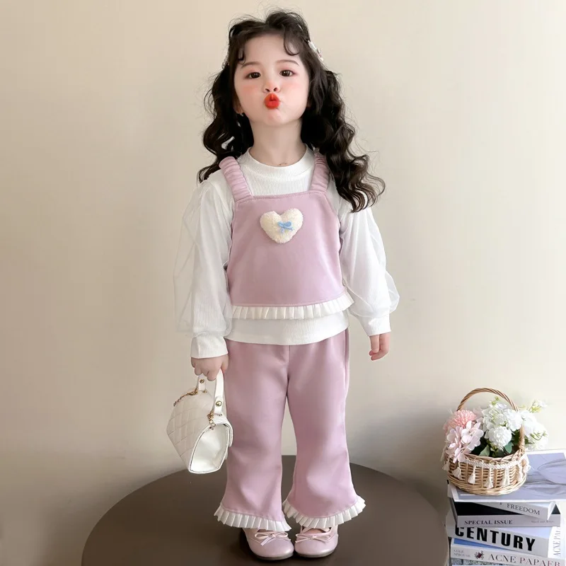 

Комплект из трех предметов для девочек Love Bubble Sleeve, западный стиль, детское новое корейское издание осень 2024, небольшой комплект в ароматном стиле