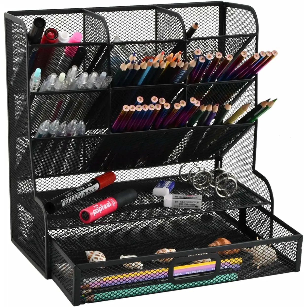 Organizador de Escritorio, Soporte de Lápices de Malla Metálico Negro, Organizador Material Escolar, Caja de Soporte de Bolígrafo Escritorio Multifuncional para Oficina, Organizador Lapices