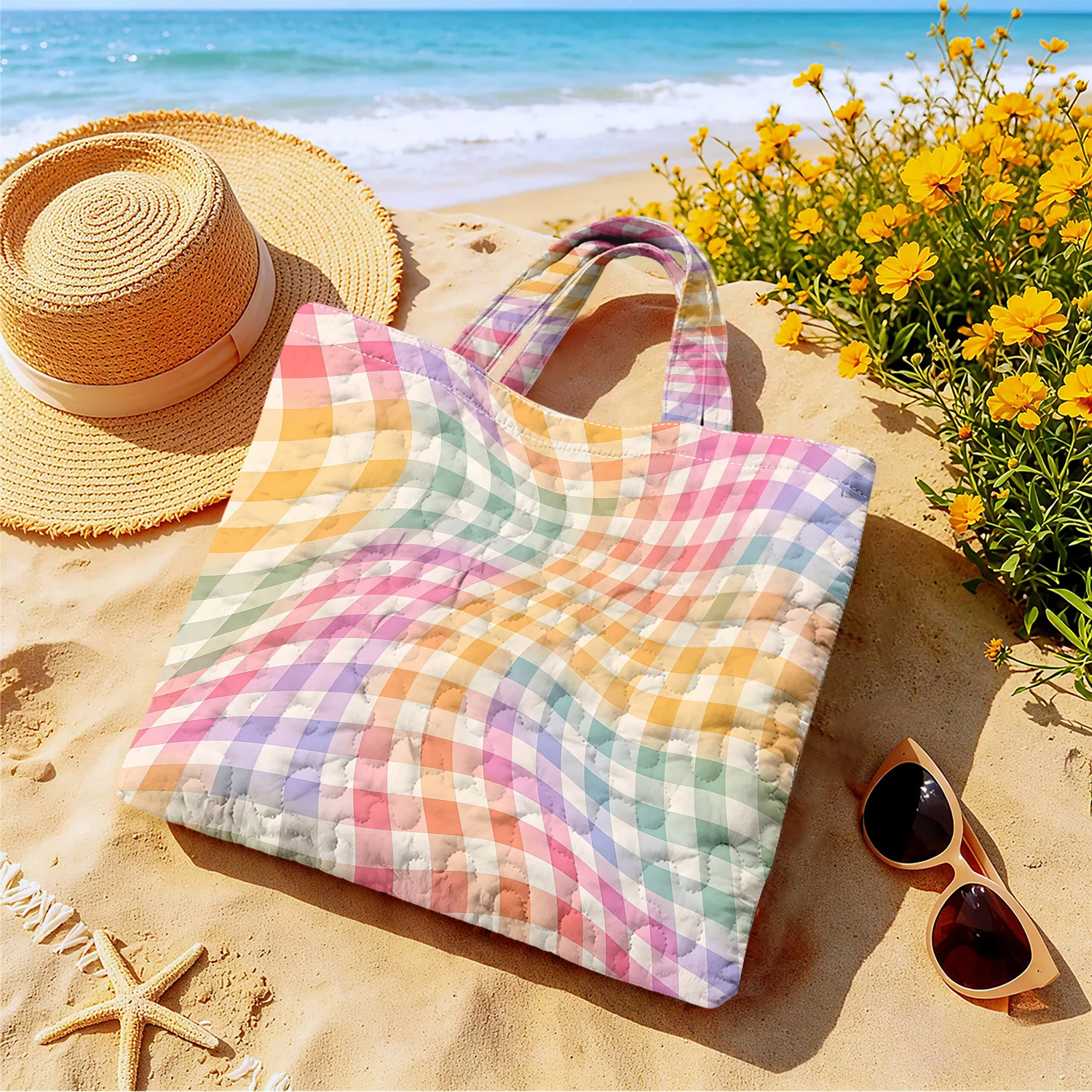 Pastel Swirl Gingham Large Capacity Canvas Shoulder Bag Dual Side Print Tote Bag Daily Shopping Bag Fashion Gift Handbag