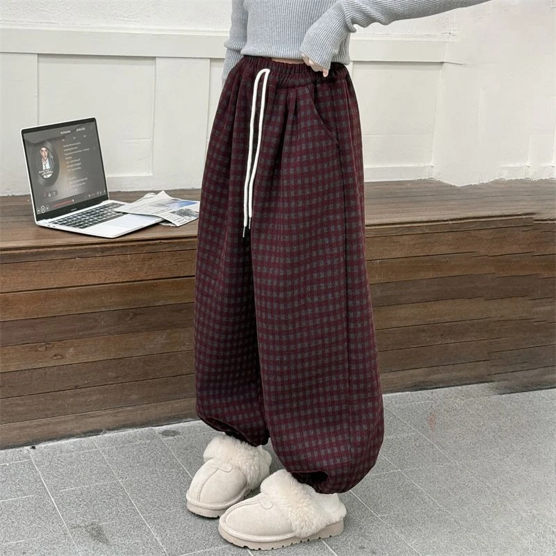

2025 New Girls' Cashmere Checkered Lantern Pants Thermal Insulated Autumn Winter Kids' Fleece-Lined Sweatpants