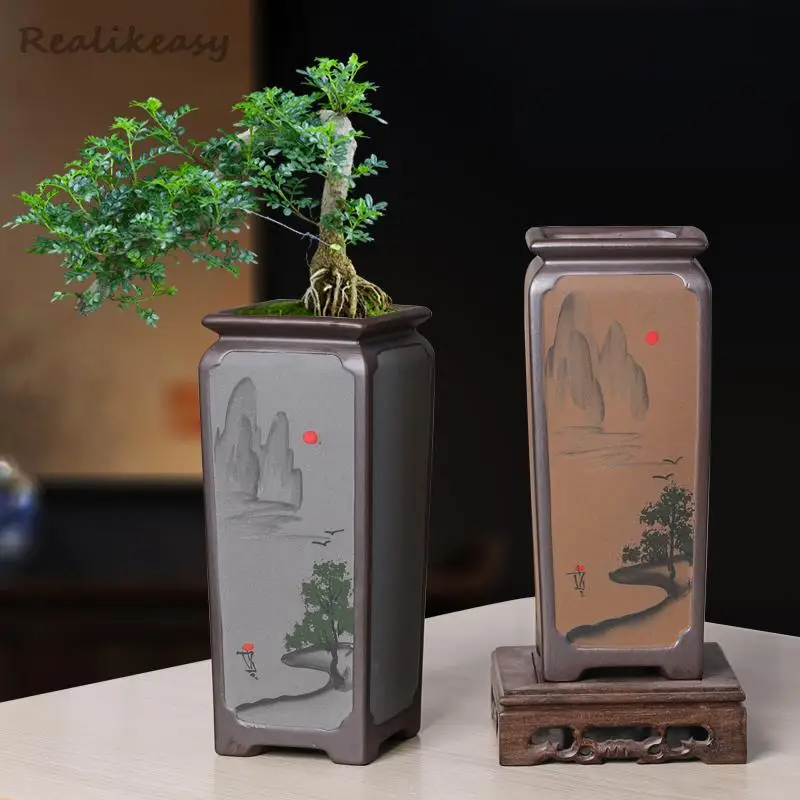 Chinese Purple Sand Orchid Flower Pot Ceramic Home Indoor Desktop Classical Landscaping Pot Semi-Handmade Square High Flower Pot