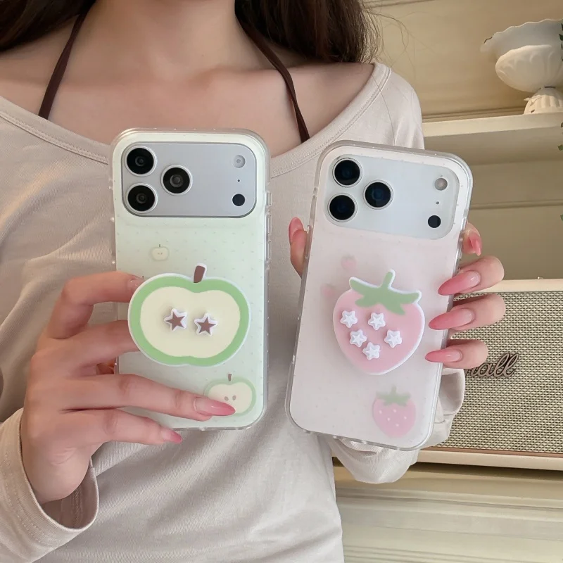 

Fashion Polka Dot Cute Pink Strawberry Phone Case For iPhone 17 Pro 16 15 Pro Max Back Cover with Stand Lovely Protective Cases