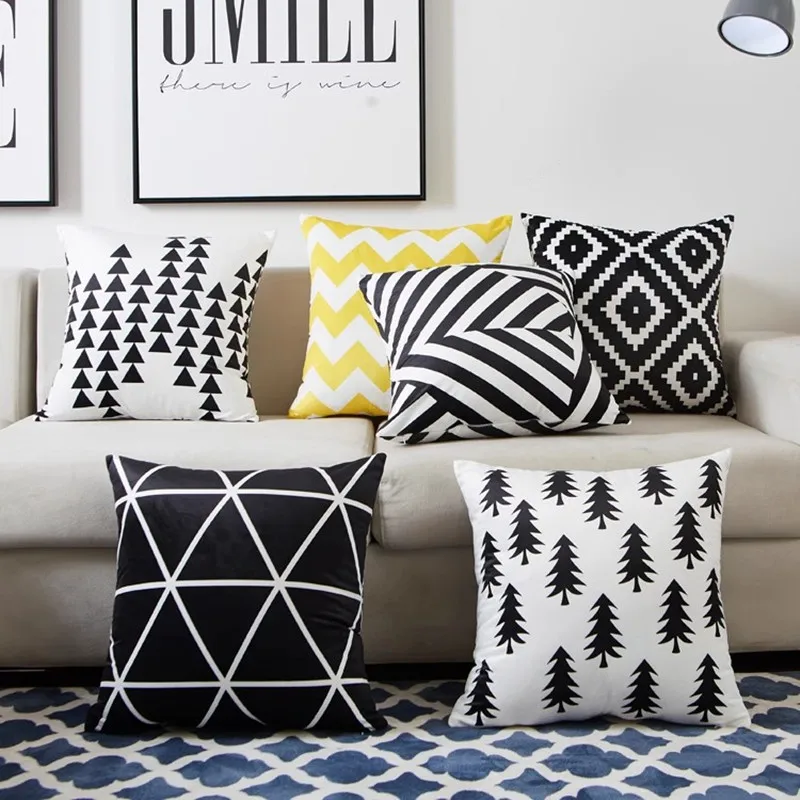 Nordic Dutch Samt Kissenbezug Schwarz und Weiß Kissenbezug Gelb Gestreift Geometrisch Gitter Sofa Taille Kissenbezug