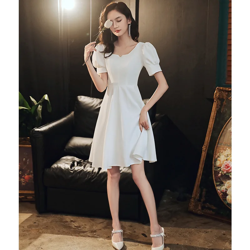 White Short Party Dress Fashion Square Collar Puff Sleeve Slim Prom Gown Women's Simple A-Line Classic Satin Homecoming Vestido