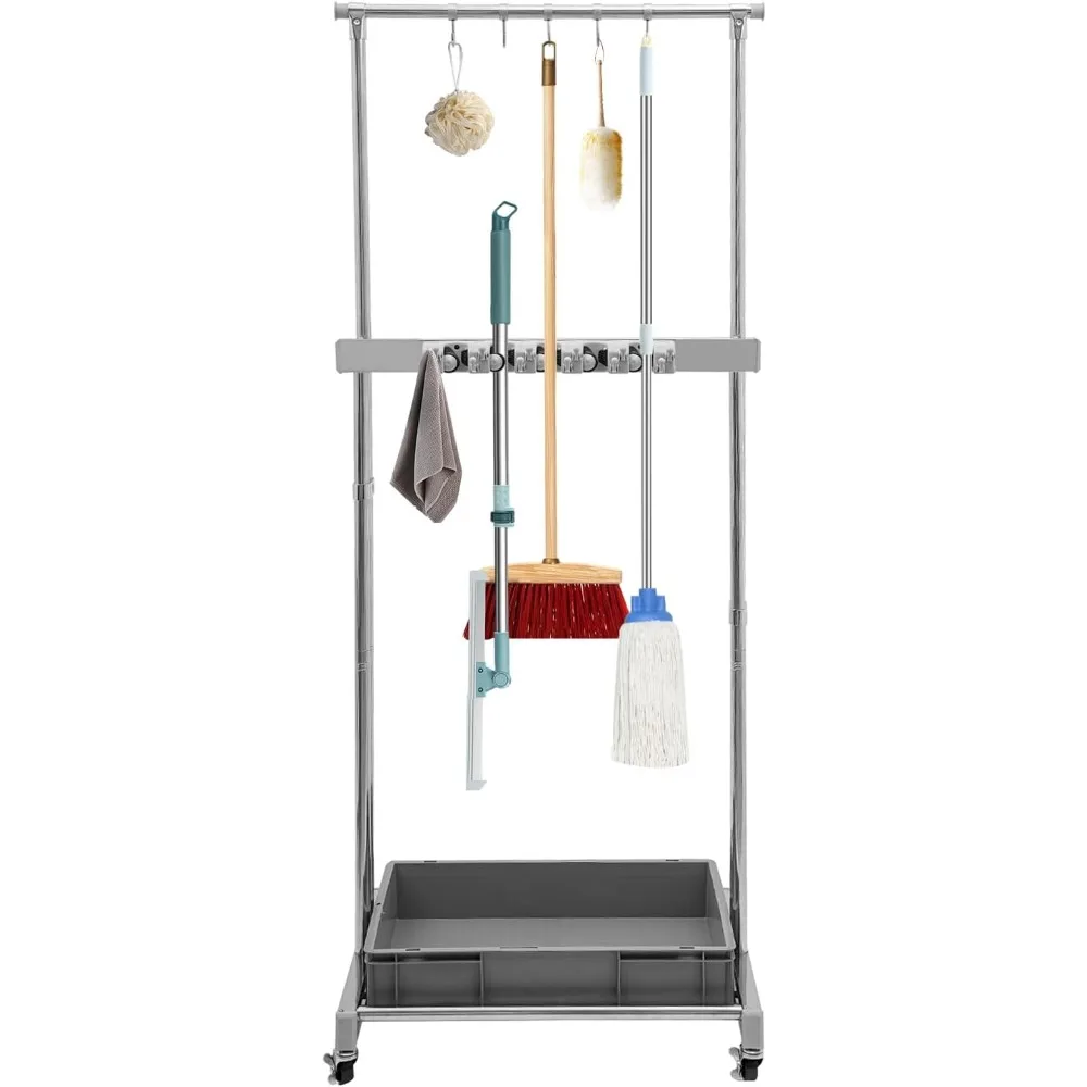 Carrello portaoggetti portatile per prodotti per la pulizia per scope e panni