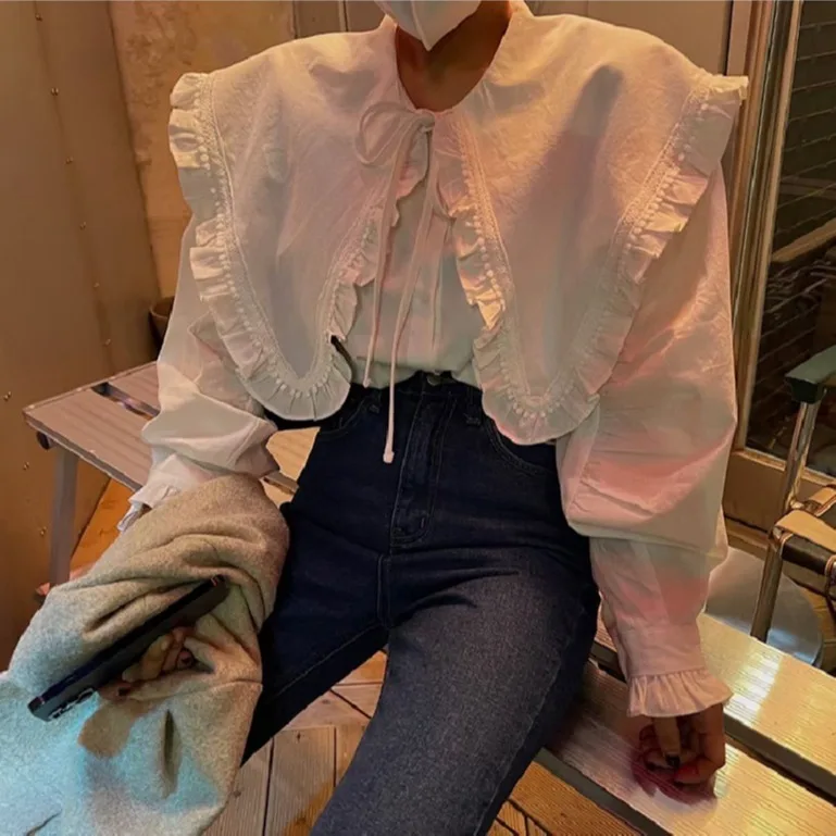 

Милая женская блузка с воротником-стойкой, бантом и рюшами в корейском стиле для весны, осени и зимы, повседневная модная блузка